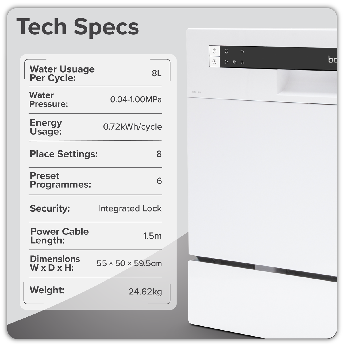 Tabletop Dishwasher 6 Place Settings 8L Capacity - White DH86