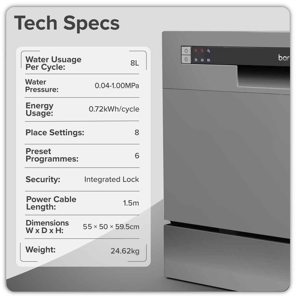 Tabletop Dishwasher 8 Place Settings 8L Capacity - Silver DH87