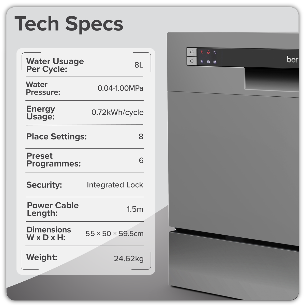 Tabletop Dishwasher 8 Place Settings 8L Capacity - Silver DH87