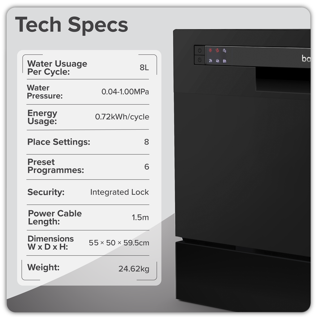 Tabletop Dishwasher 8 Place Settings 8L Capacity - Black DH88