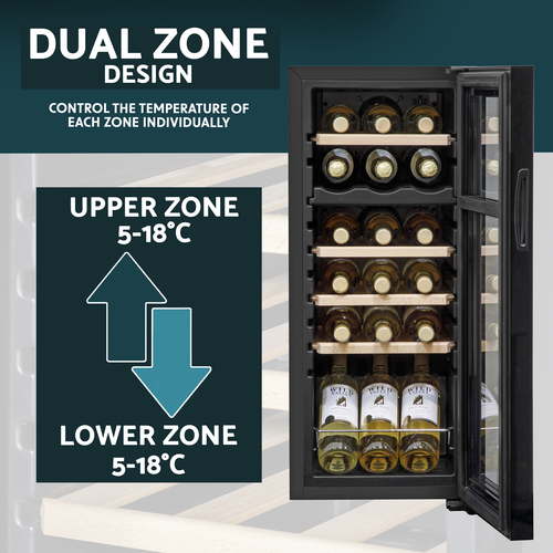 18 Bottle Dual Zone Wine Fridge/Cooler with Digital Touchscreen Controls, Wooden Shelves & LED Light - Black DH89