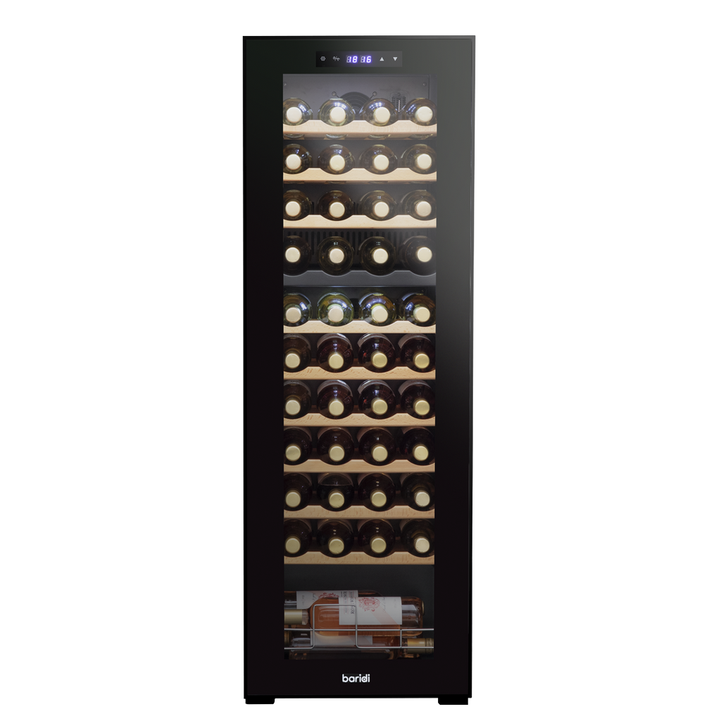 44 Bottle Dual Zone Wine Fridge with Digital Touchscreen Controls, Beech Wood Shelves & LED Light - Black DH92