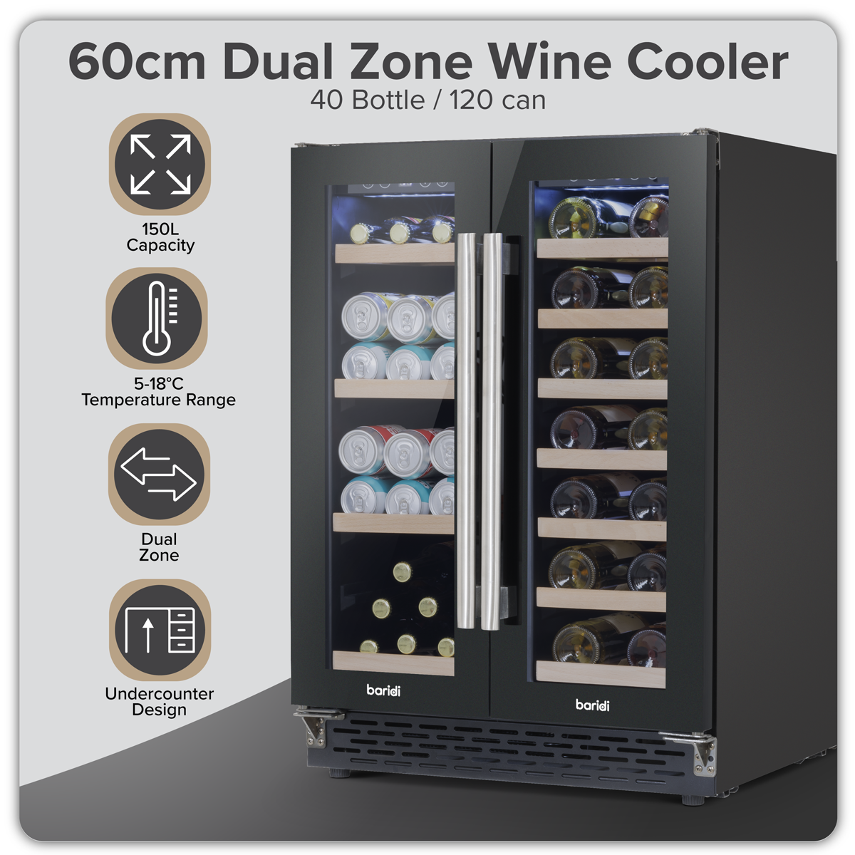 40 Bottle/120 Can Undercounter/Freestanding Dual Zone Wine Fridge & Cooler 60cm DH96