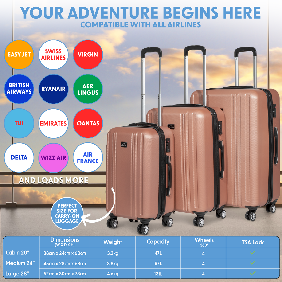 Lightweight ABS Luggage Set with TSA Lock - Rose Gold DL125