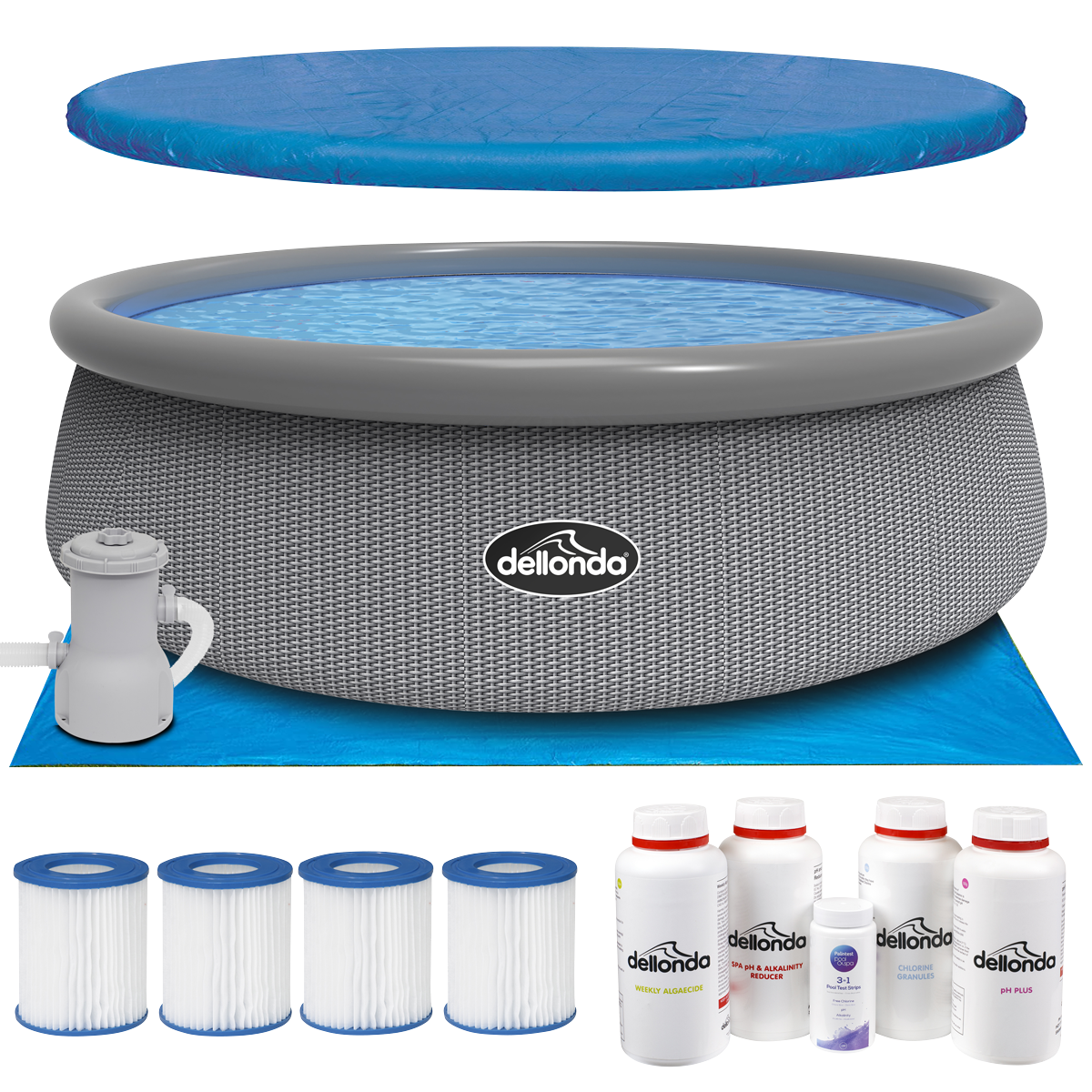 Paddling/Swimming Pool & Pump with Cover, Ground Sheet, Test Strips, Starter Kit and Filters 15ft - Gray Rattan Effect DL136