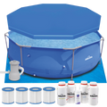 Steel Frame Round Swimming Pool & Filter Pump with Cover, Ground Sheet, Test Strips, Starter Kit & Filters 10ft - Blue DL137