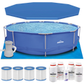 Steel Frame Round Swimming Pool & Filter Pump with Cover, Ground Sheet, Test Strips, Starter Kit & Filters 12ft - Blue DL138