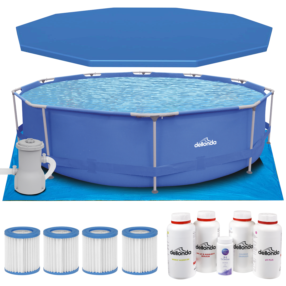 Steel Frame Round Swimming Pool & Filter Pump with Cover, Ground Sheet, Test Strips, Starter Kit & Filters 12ft - Blue DL138