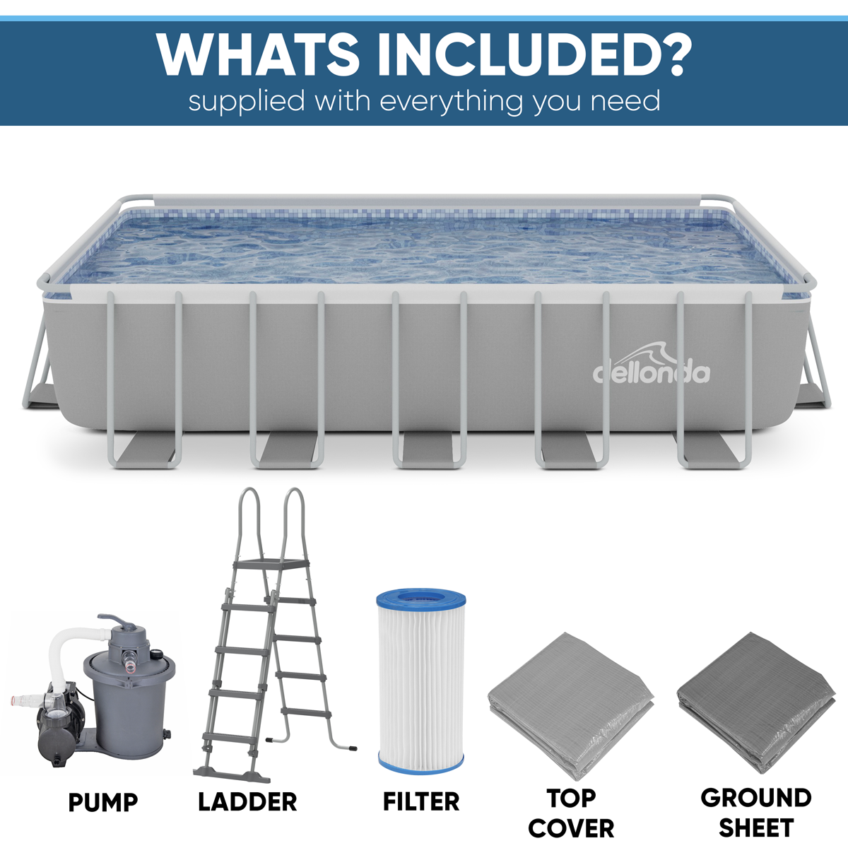 Deluxe Steel Frame Rectangular Swimming Pool with Step Ladder & Filter Pump 21ft DL150
