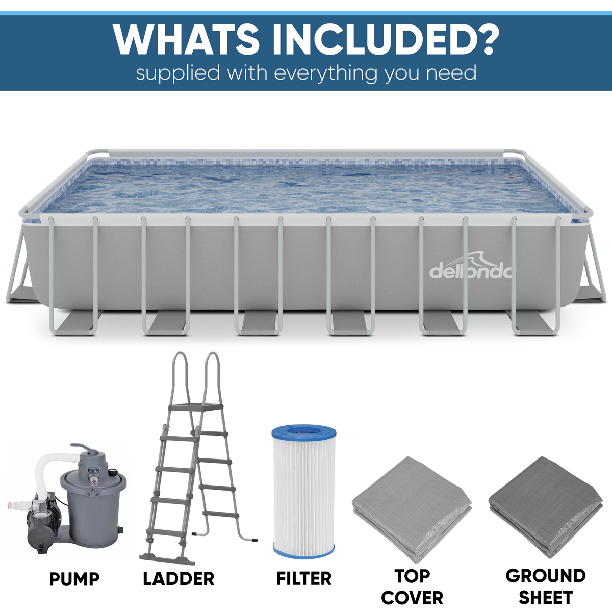Deluxe Steel Frame Rectangular Swimming Pool with Step Ladder & Filter Pump 25ft DL151