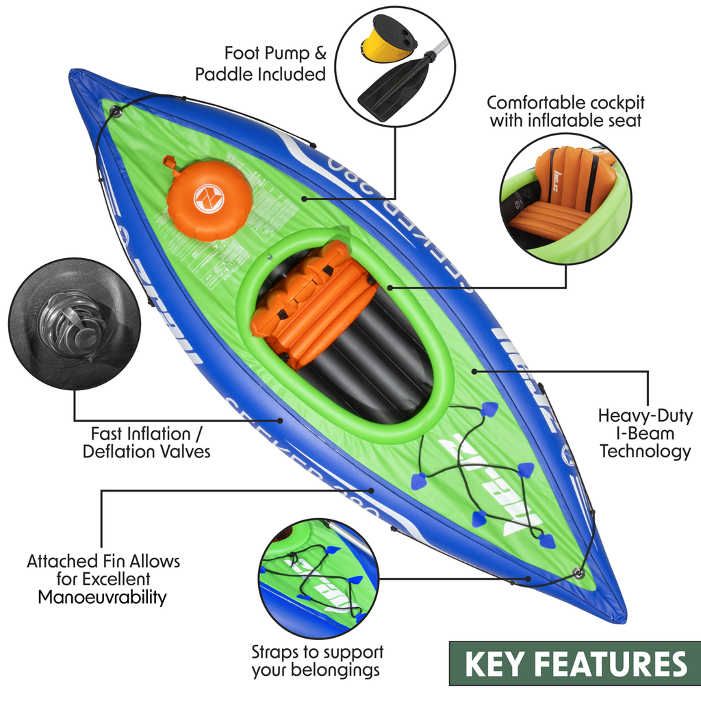 Inflatable One-Person Kayak/Canoe Set with Pump, Carry Bag & Aluminium Oar - Blue/Green DL154