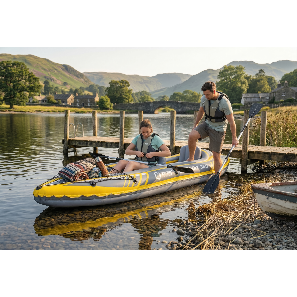 Inflatable 2-Person Kayak/Canoe Set with Pump, Carry Bag & 2 Oars - Blue/Yellow/White DL155