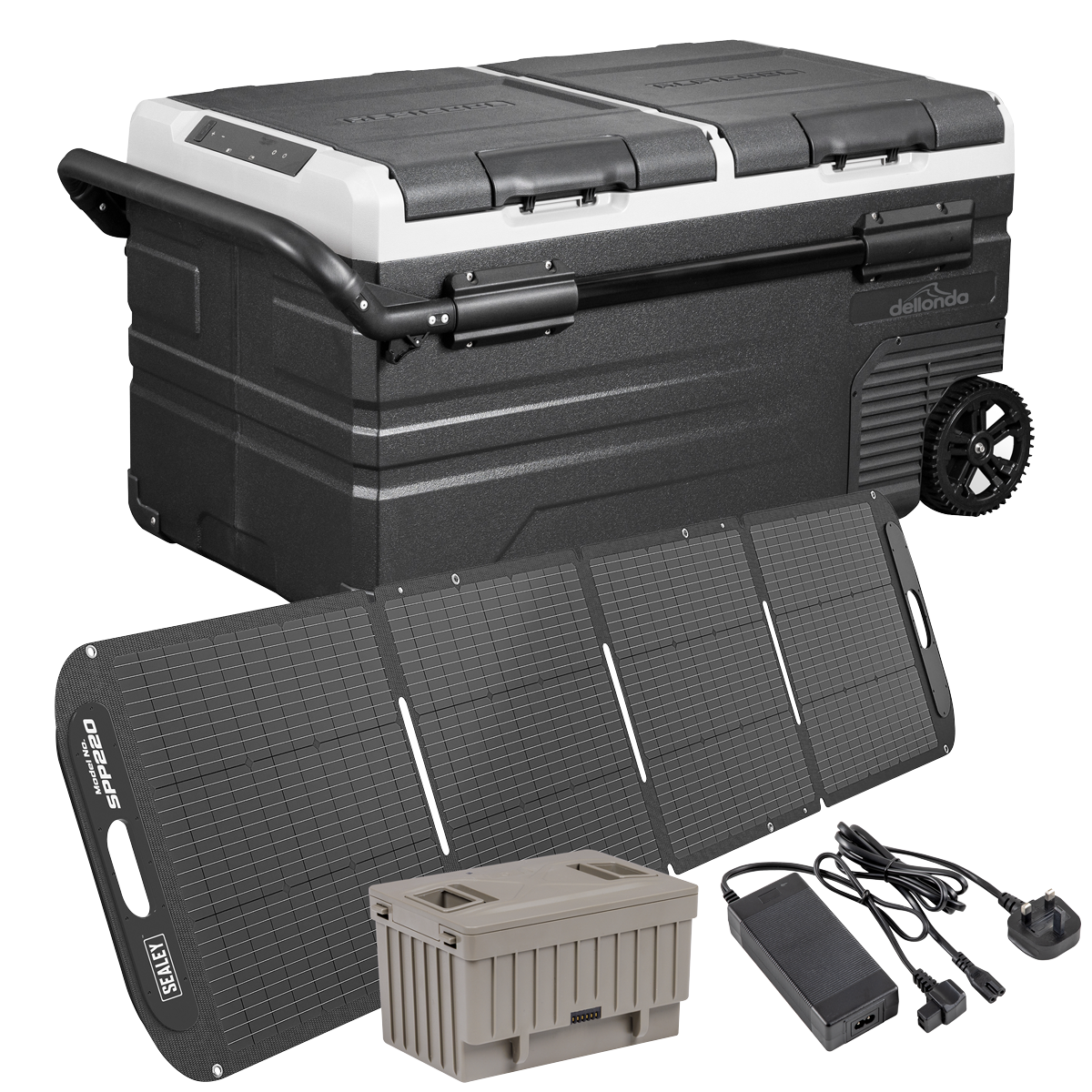 Portable Fridge Freezer/Cool Box 75L with 11.1V Portable Battery, AC/DC 230V Adaptor & 220W Solar Panel DL176