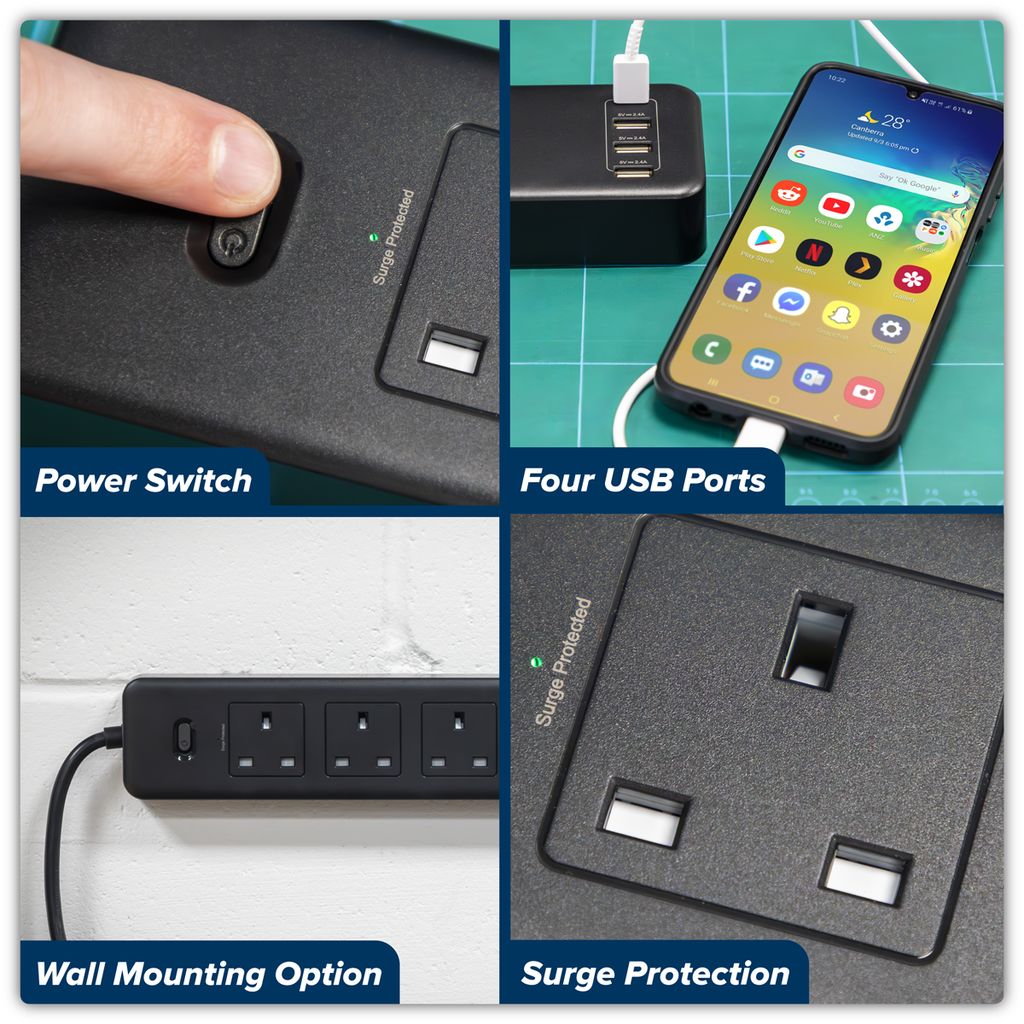 2.6m Extension Lead with USB Ports - Black EL34USBB