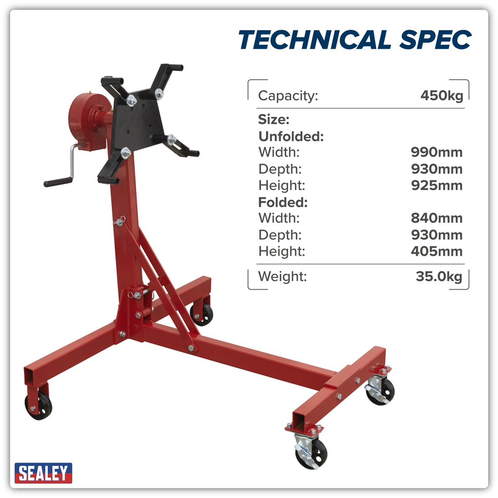 Folding 360º Rotating Engine Stand with Geared Handle Drive 450kg Capacity ES480D