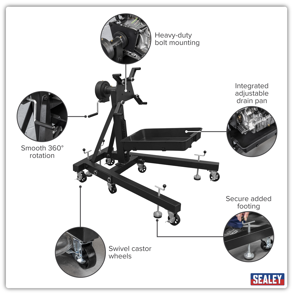 Folding 360º Rotating Engine Stand with Geared Handle & Drain Pan ES680DS