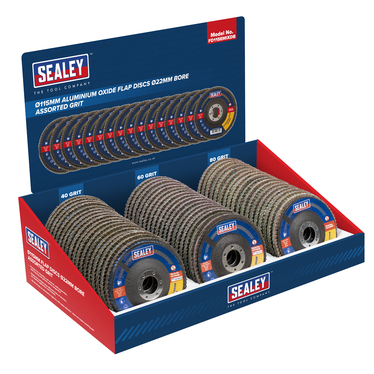 115mm Aluminium Oxide Flap Discs Assorted Grit 22mm Bore - Display Box of 60 FD115EMIXDB