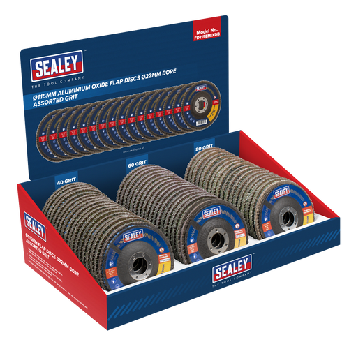 115mm Aluminium Oxide Flap Discs Assorted Grit 22mm Bore - Display Box of 60 FD115EMIXDB