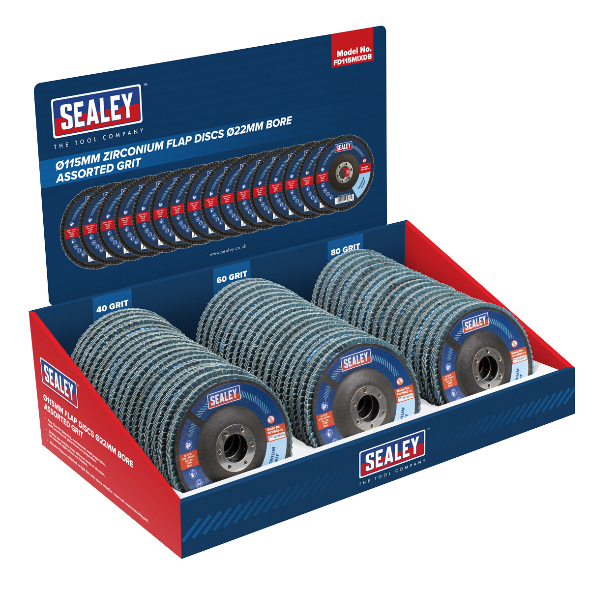 115mm Zirconium Flap Discs Assorted Grit 22mm Bore - Display Box of 60 FD115MIXDB