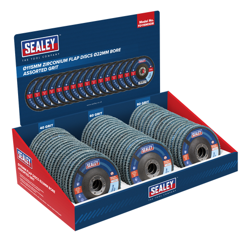 115mm Zirconium Flap Discs Assorted Grit 22mm Bore - Display Box of 60 FD115MIXDB