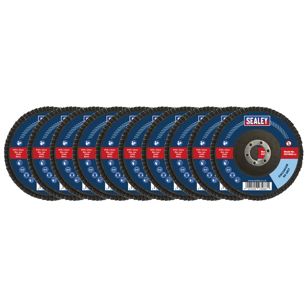 115mm Zirconium Flap Discs Assorted Grit 22mm Bore - Pack of 10 FD115MIX