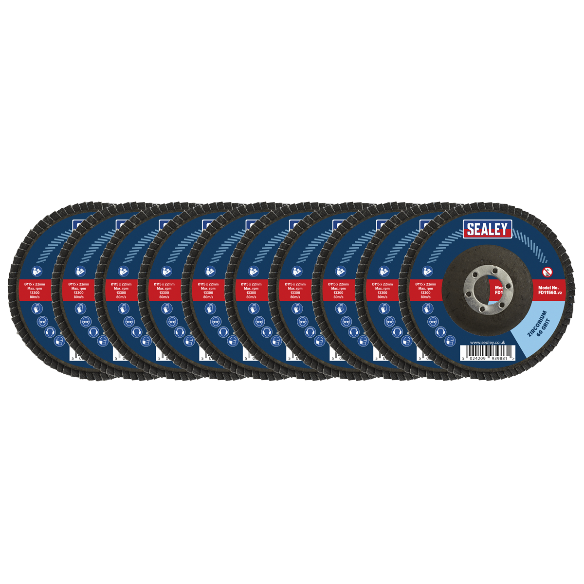 115mm Zirconium Flap Discs Assorted Grit 22mm Bore - Pack of 10 FD115MIX