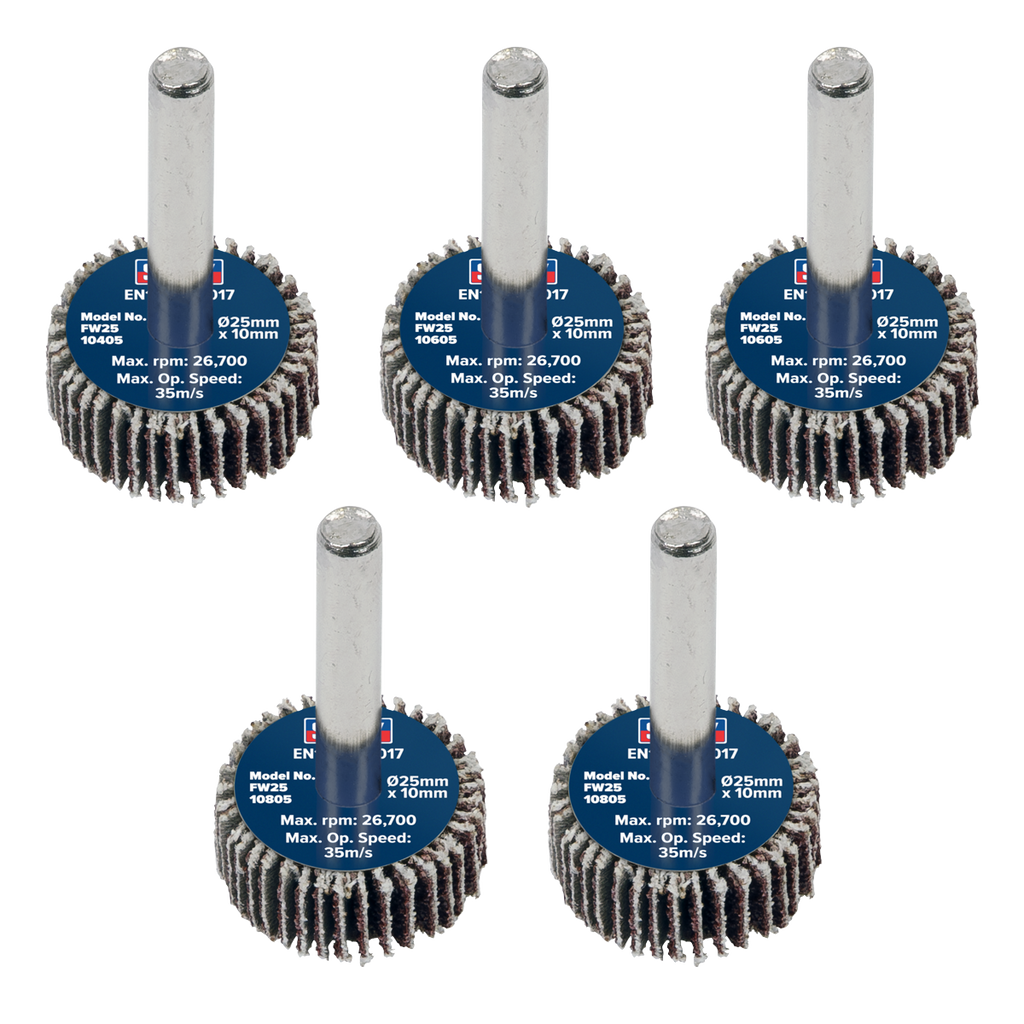25 x 10mm Abrasive Flap Wheel with 6mm Shaft Assorted Grit - Pack of 5 FW2510ASS