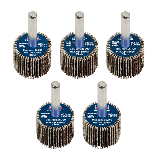 25 x 20mm Abrasive Flap Wheel with 6mm Shaft Assorted Grit - Pack of 5 FW2520ASS