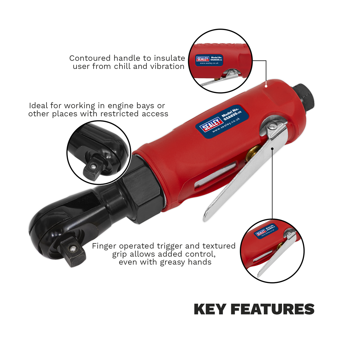 Compact Air Ratchet Wrench 3/8"Sq Drive GSA635