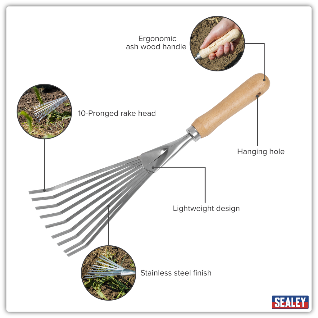 Leaf Hand Rake with Ash Handle & Stainless Steel Tines GTWH001