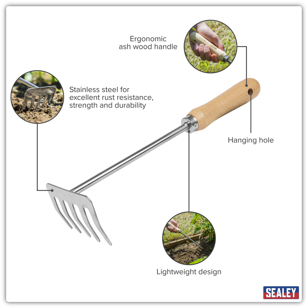 Garden Hand Rake with Short Ash Handle & Stainless Steel Tines GTWH020
