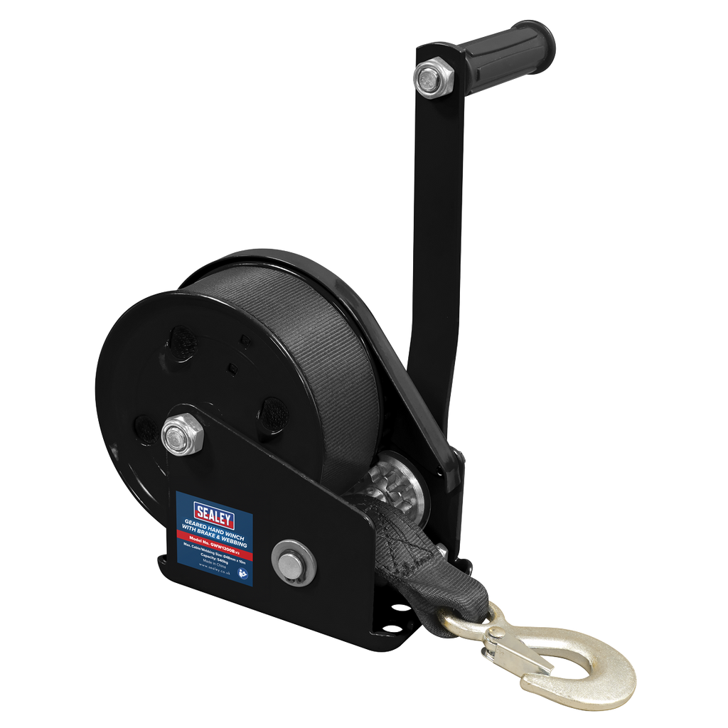 Geared Hand Winch with Brake & Webbing 540kg Capacity GWW1200B