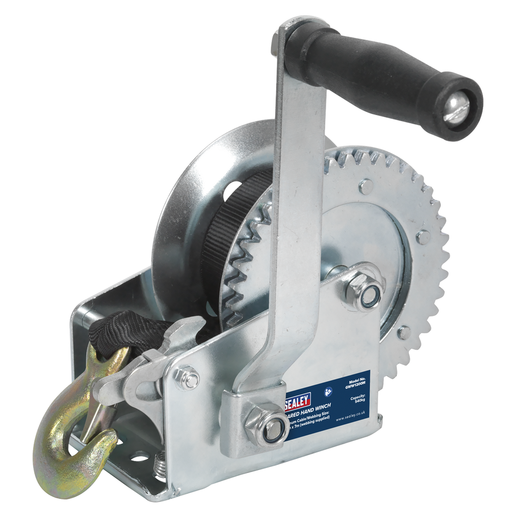 Geared Hand Winch with Webbing Strap 540kg Capacity GWW1200M