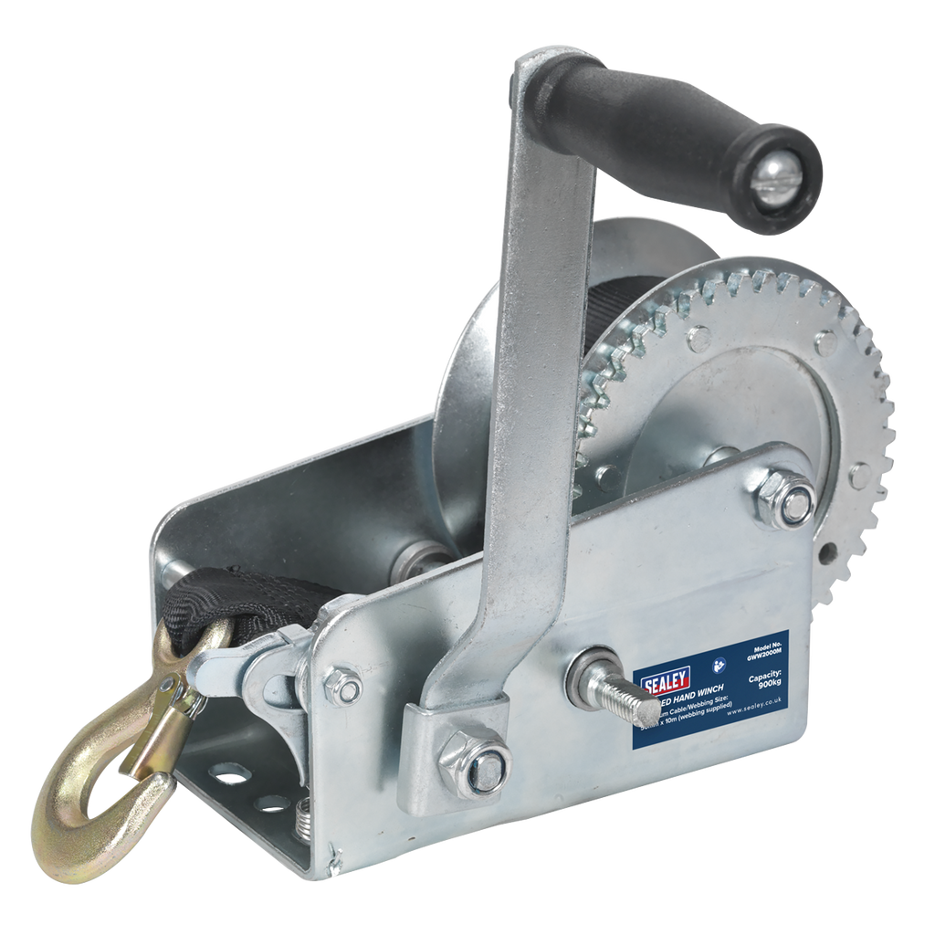 Geared Hand Winch with Webbing Strap 900kg Capacity GWW2000M