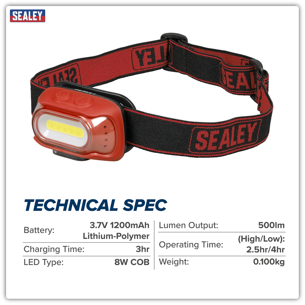 Rechargeable Head Torch with Auto-Sensor 8W COB LED - Red HT08RR