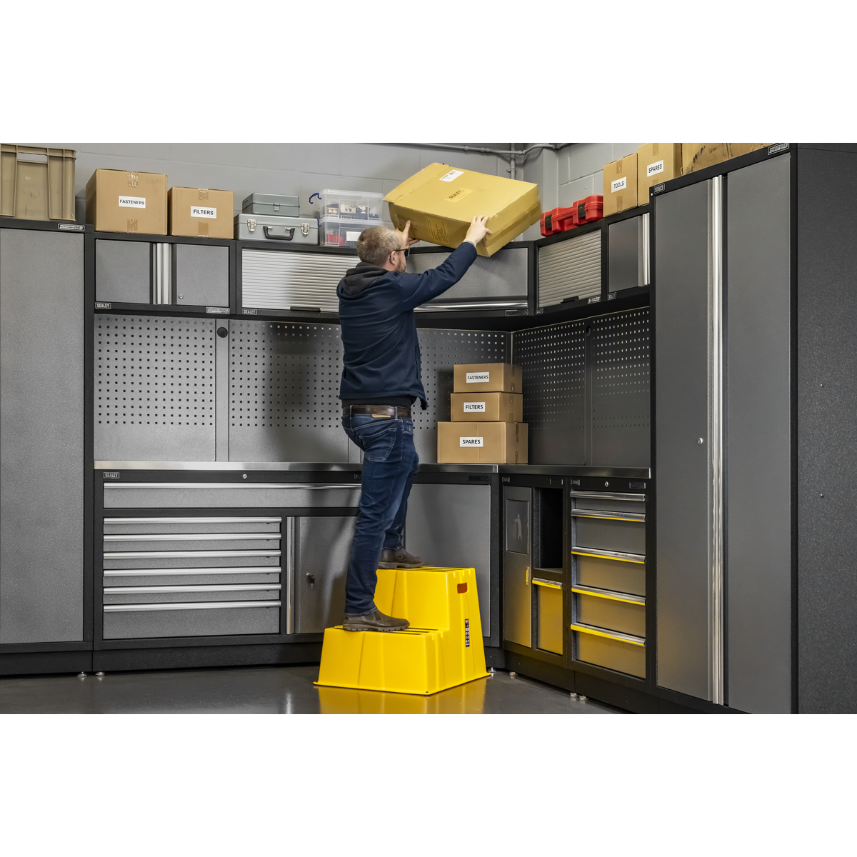 Heavy-Duty 2-Step Safety Steps with Anti-Slip Treads 150kg Capacity, Yellow - EN 14183 KS6