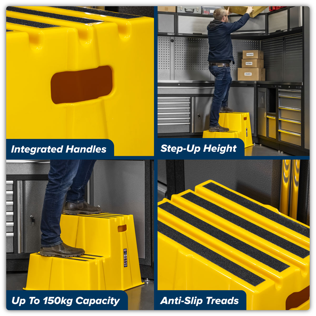 Heavy-Duty 2-Step Safety Steps with Anti-Slip Treads 150kg Capacity, Yellow - EN 14183 KS6