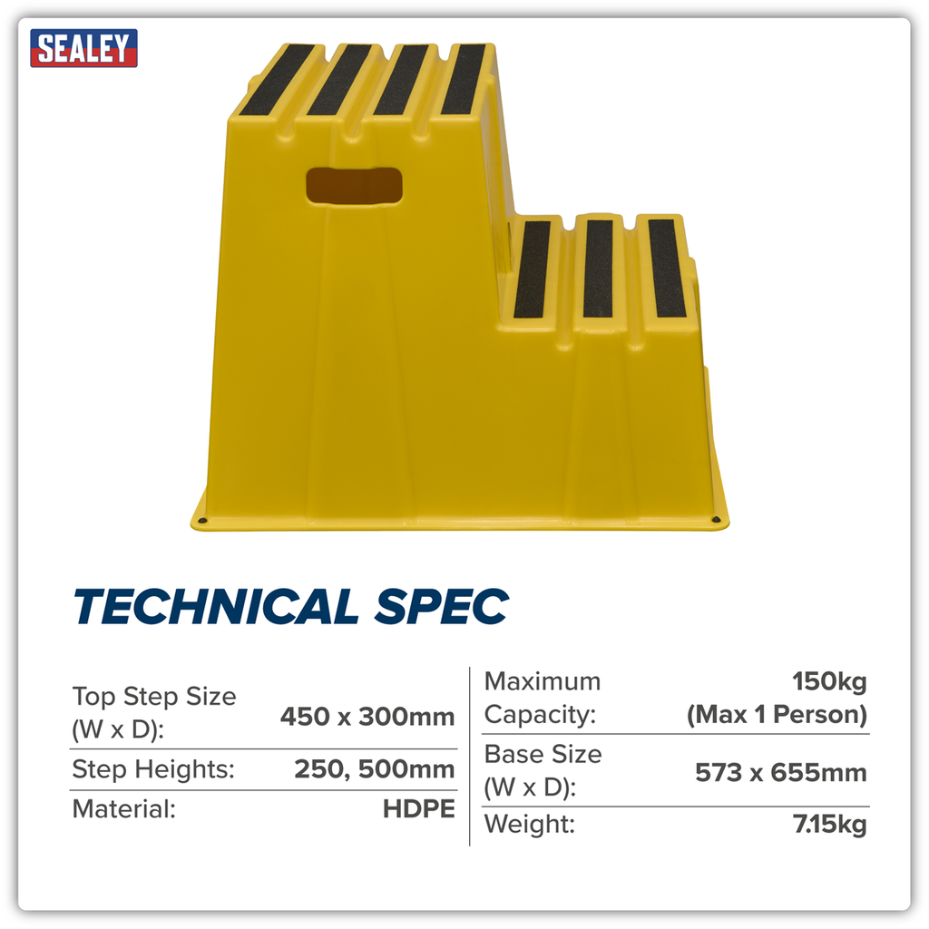 Heavy-Duty 2-Step Safety Steps with Anti-Slip Treads 150kg Capacity, Yellow - EN 14183 KS6