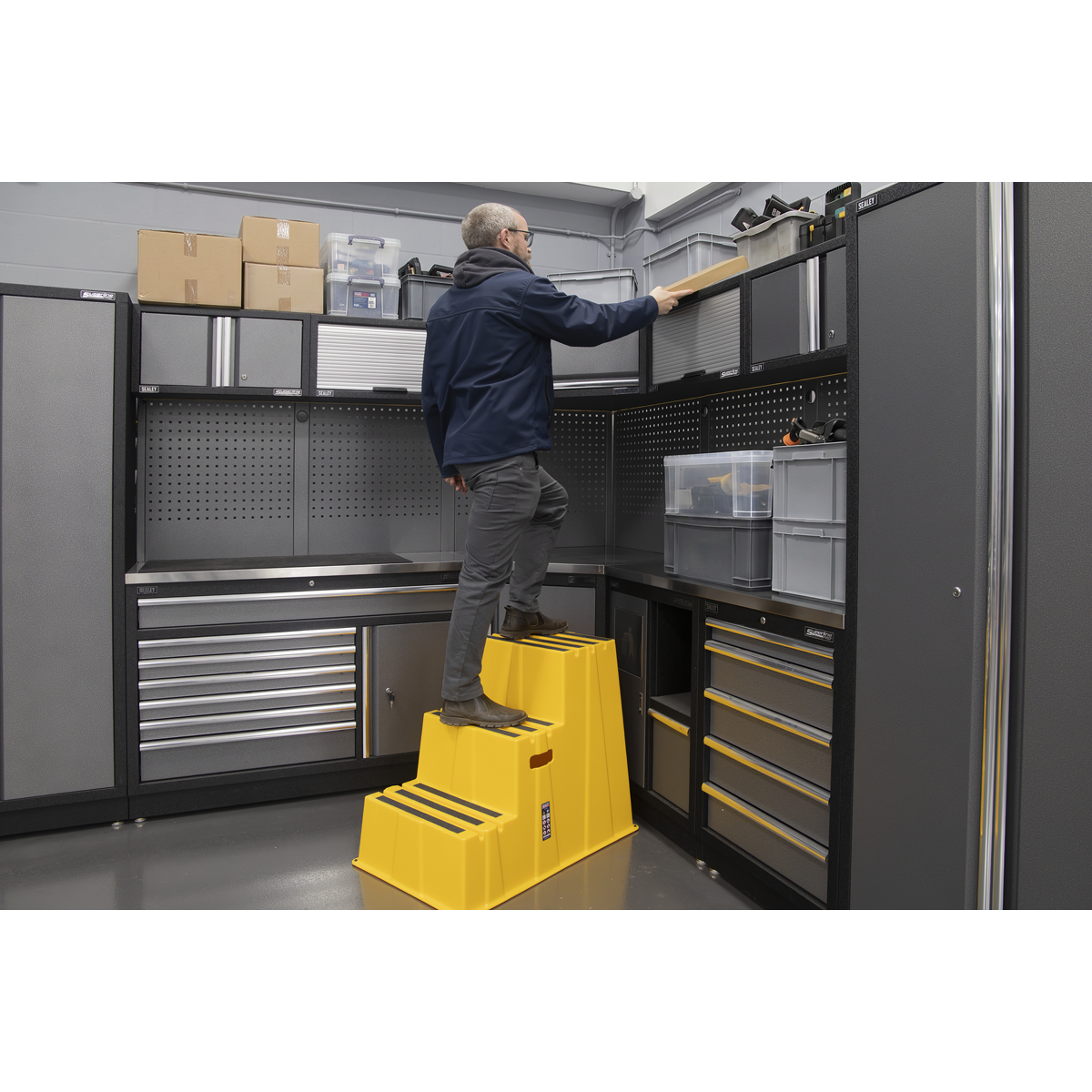 Heavy-Duty 3-Step Safety Steps with Anti-Slip Treads 150kg Capacity, Yellow - EN 14183 KS7