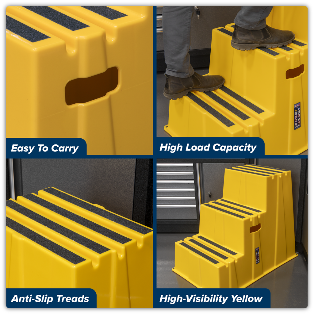 Heavy-Duty 3-Step Safety Steps with Anti-Slip Treads 150kg Capacity, Yellow - EN 14183 KS7
