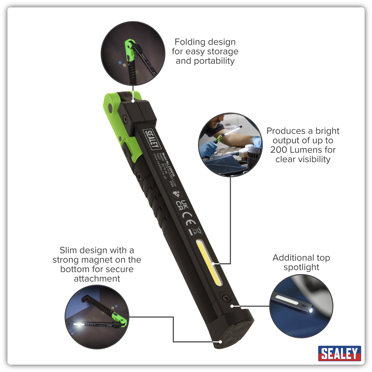 Rechargeable Slim Folding Pocket Light 2 COB & 1 SMD LED - Green LED01G