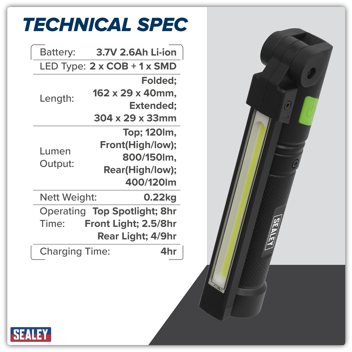 Rechargeable Aluminium Folding Pocket Light 2 COB & 1 SMD LED LED02G