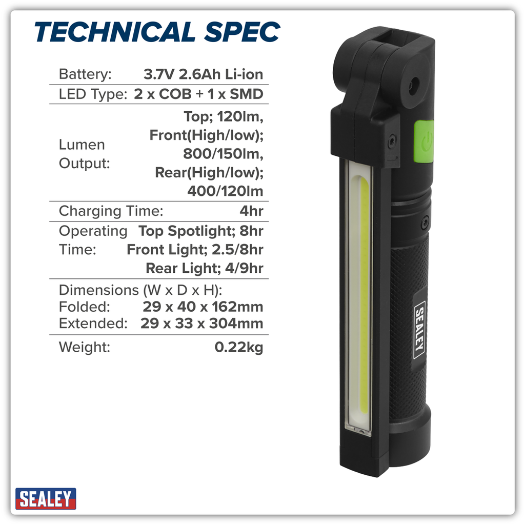 Rechargeable Aluminium Folding Pocket Light 2 COB & 1 SMD LED LED02G