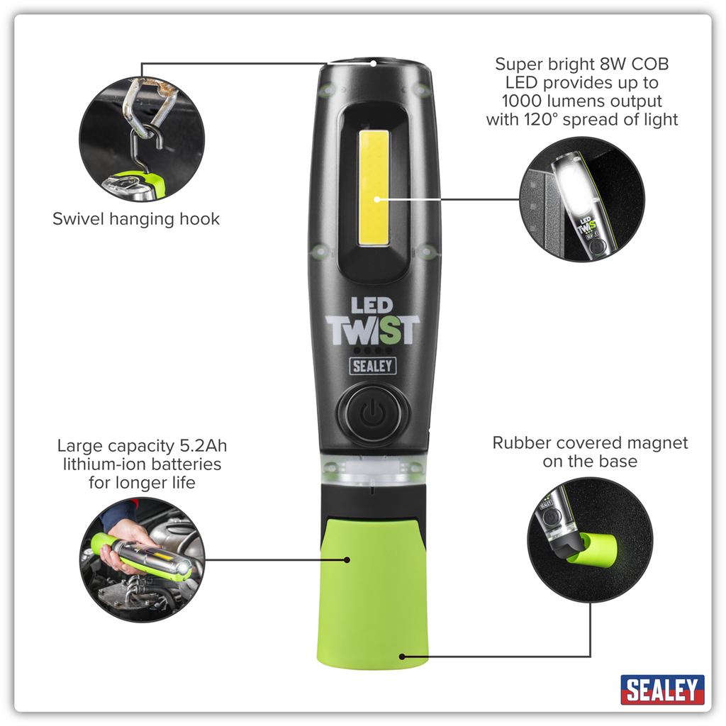 LED Twist® Rechargeable Inspection Light 8W COB & 1W SMD LED - Green LED1001G