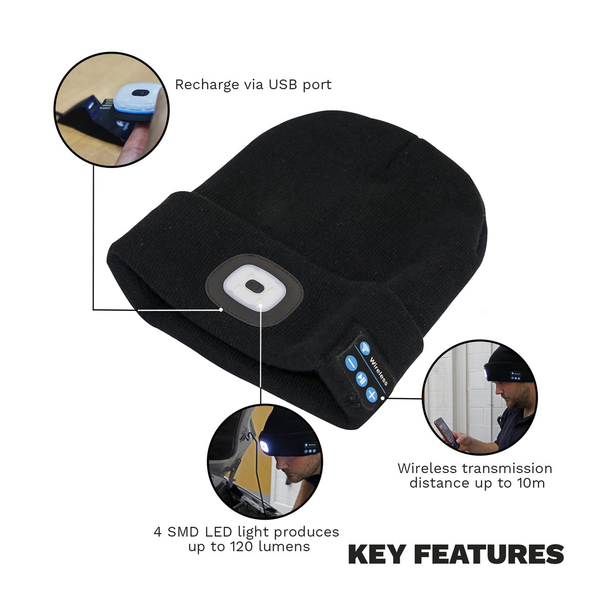 Rechargeable USB Beanie Hat with Wireless Headphones 1W SMD LED LED185W