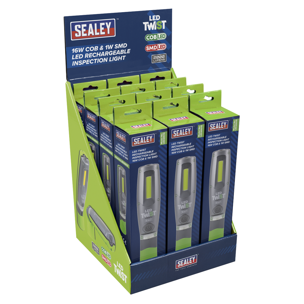 LED Twist® Rechargeable Inspection Light 16W COB & 1W SMD LED, Green - Display Box of 12 LED2001GDB