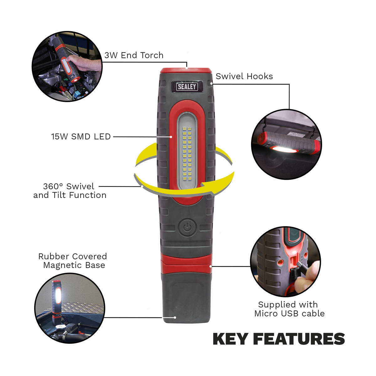 Rechargeable 360° Inspection Light 15W & 3W SMD LED - Red LED3606R