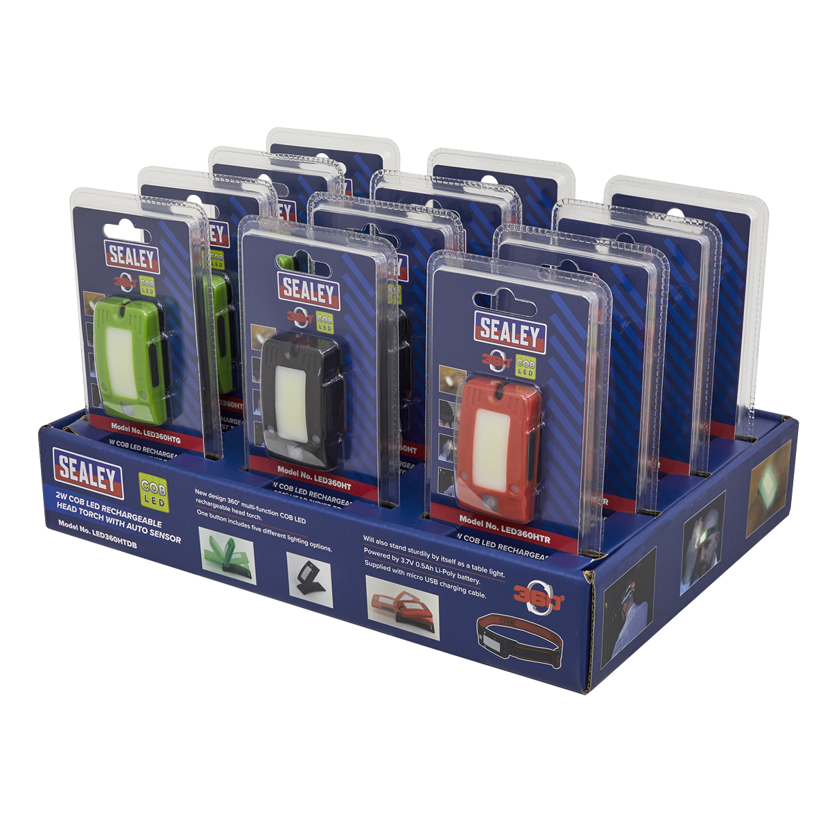 Rechargeable Head Torch with Auto-Sensor 2W COB LED - Display Box of 12 LED360HTDB