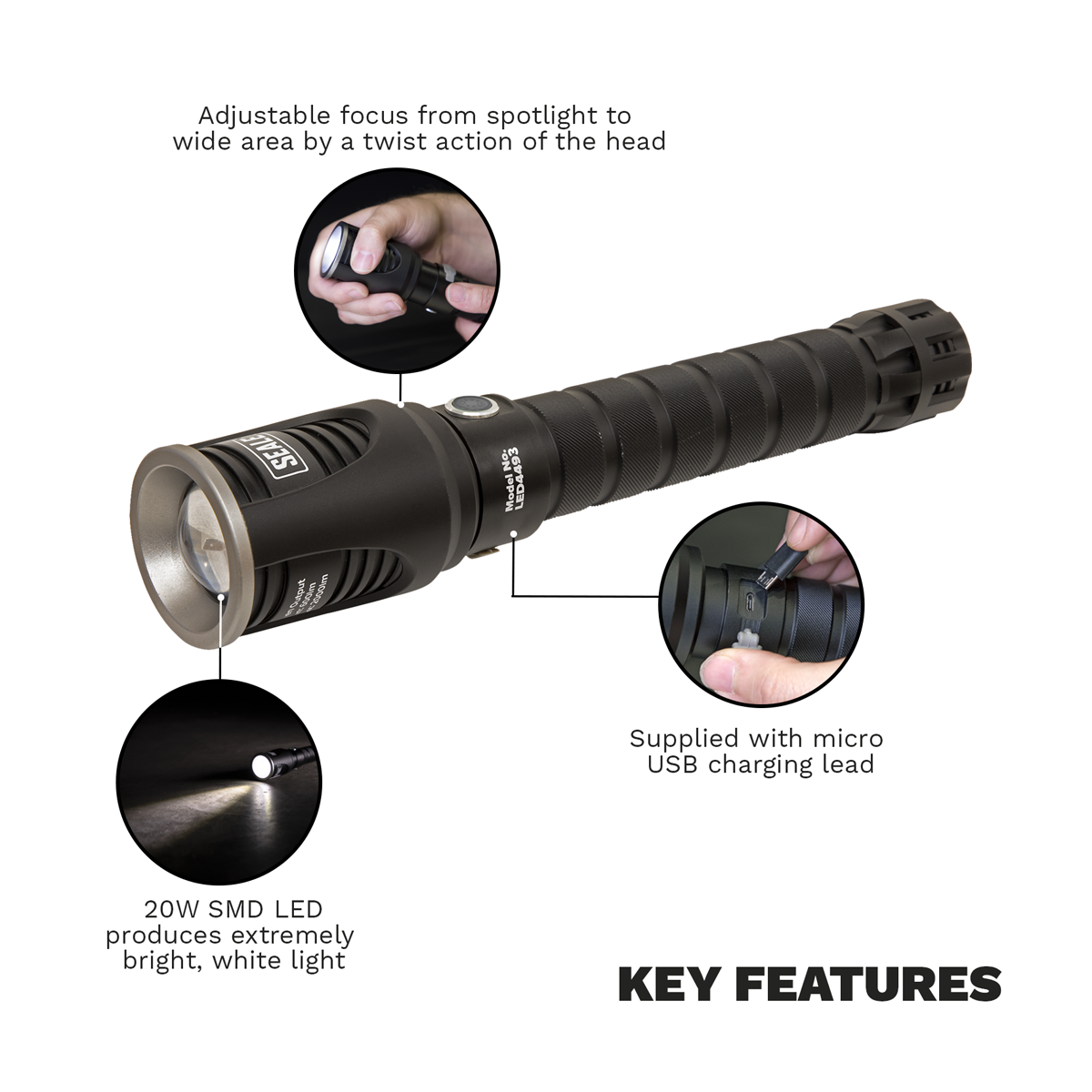 Rechargeable Aluminium Torch with Adjustable Focus 20W SMD LED LED4493