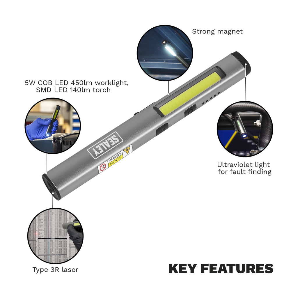 Rechargeable UV Penlight Torch with Laser Pointer 5W COB & 3W SMD LED LED450UV